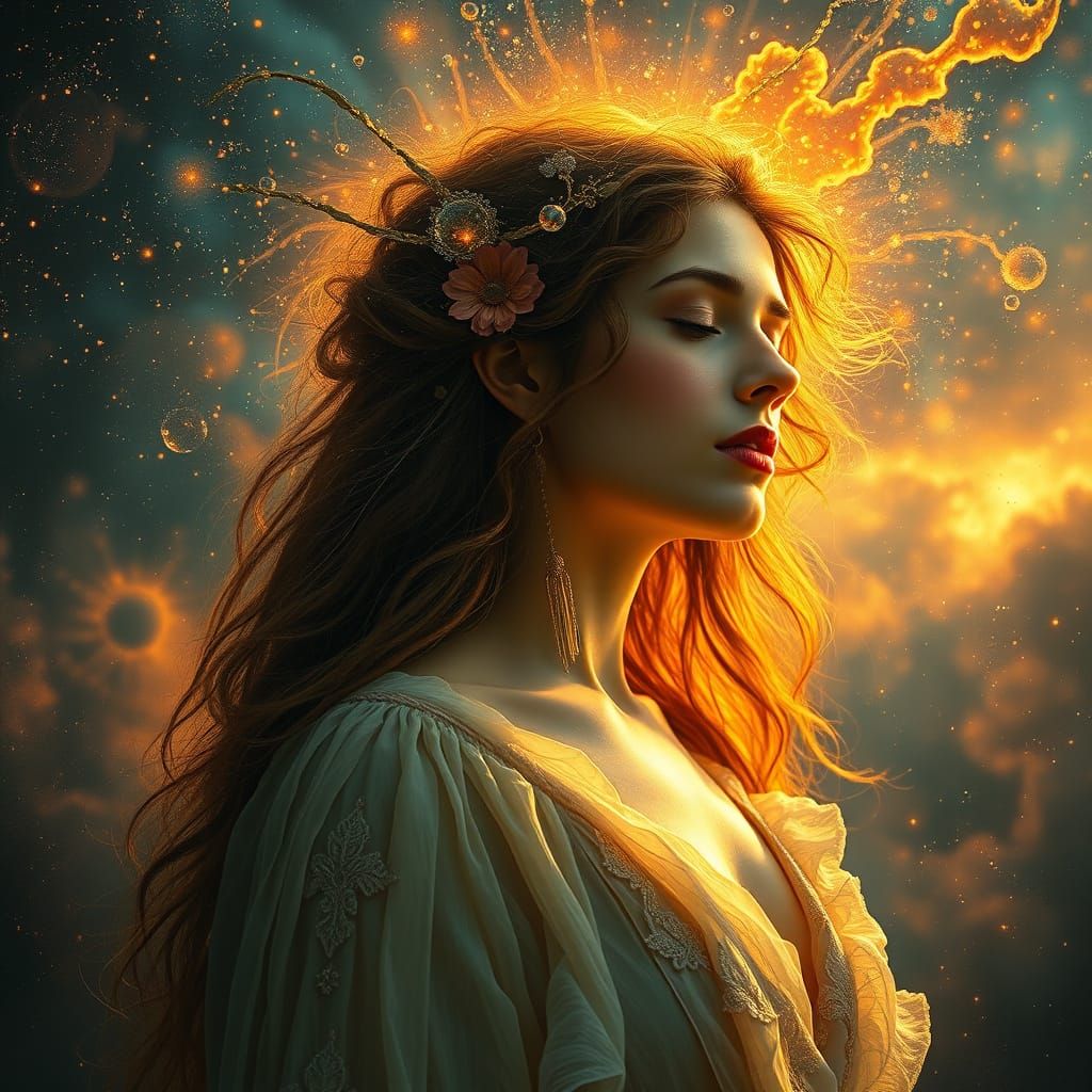 Divine Figure Exhales Peace in Surreal Cosmic Scene