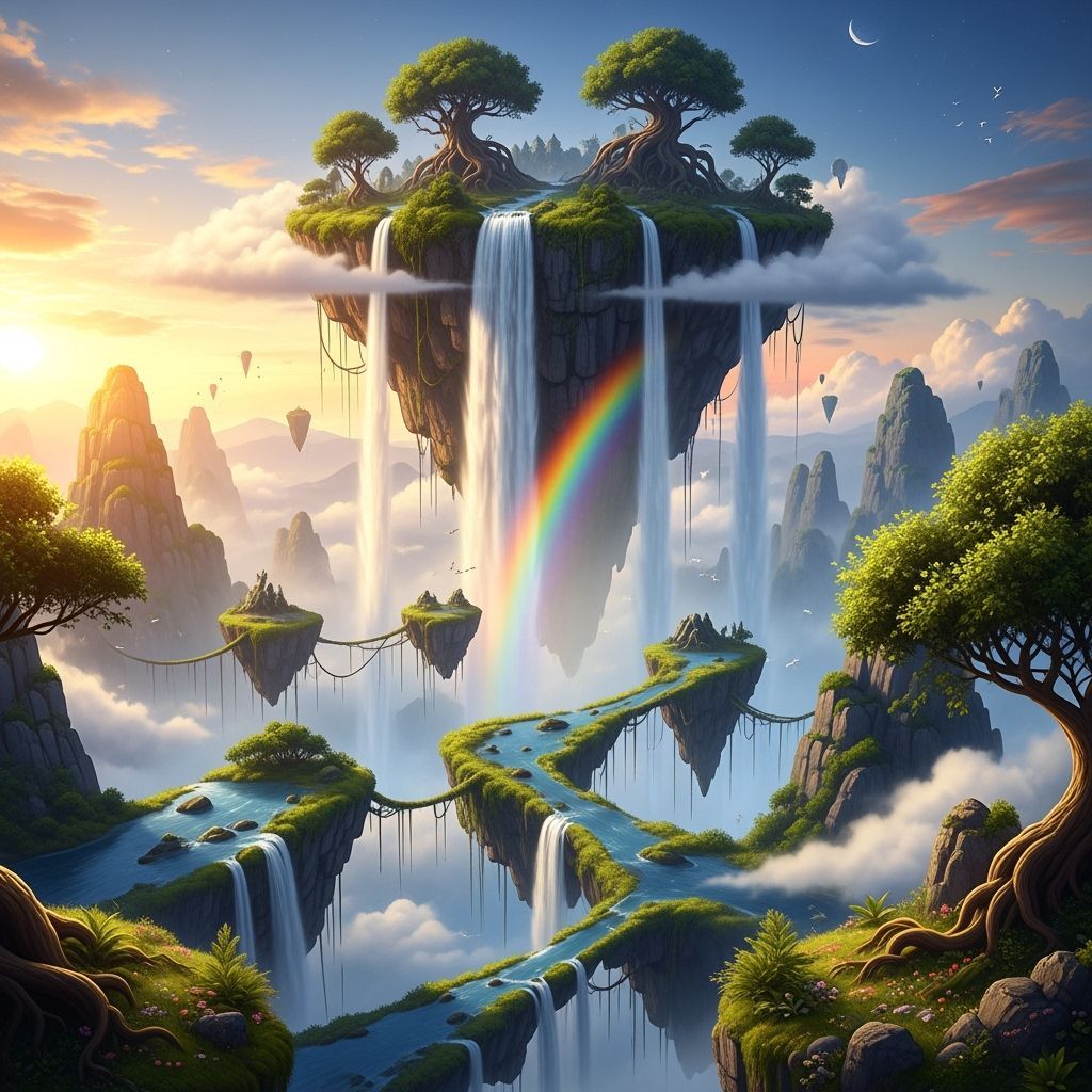 Floating Islands Connected by Waterfall