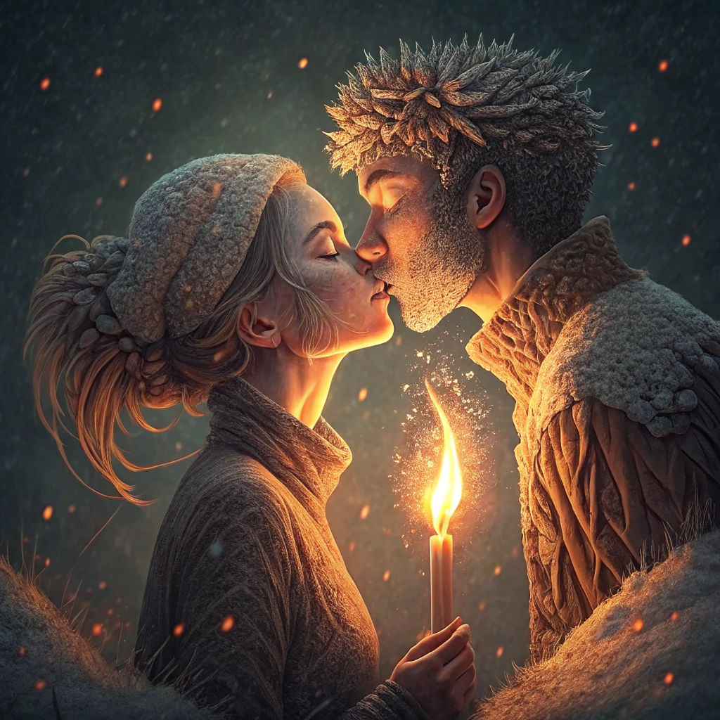 Matchstick Couple Kissing in Flames: Digital Illustration