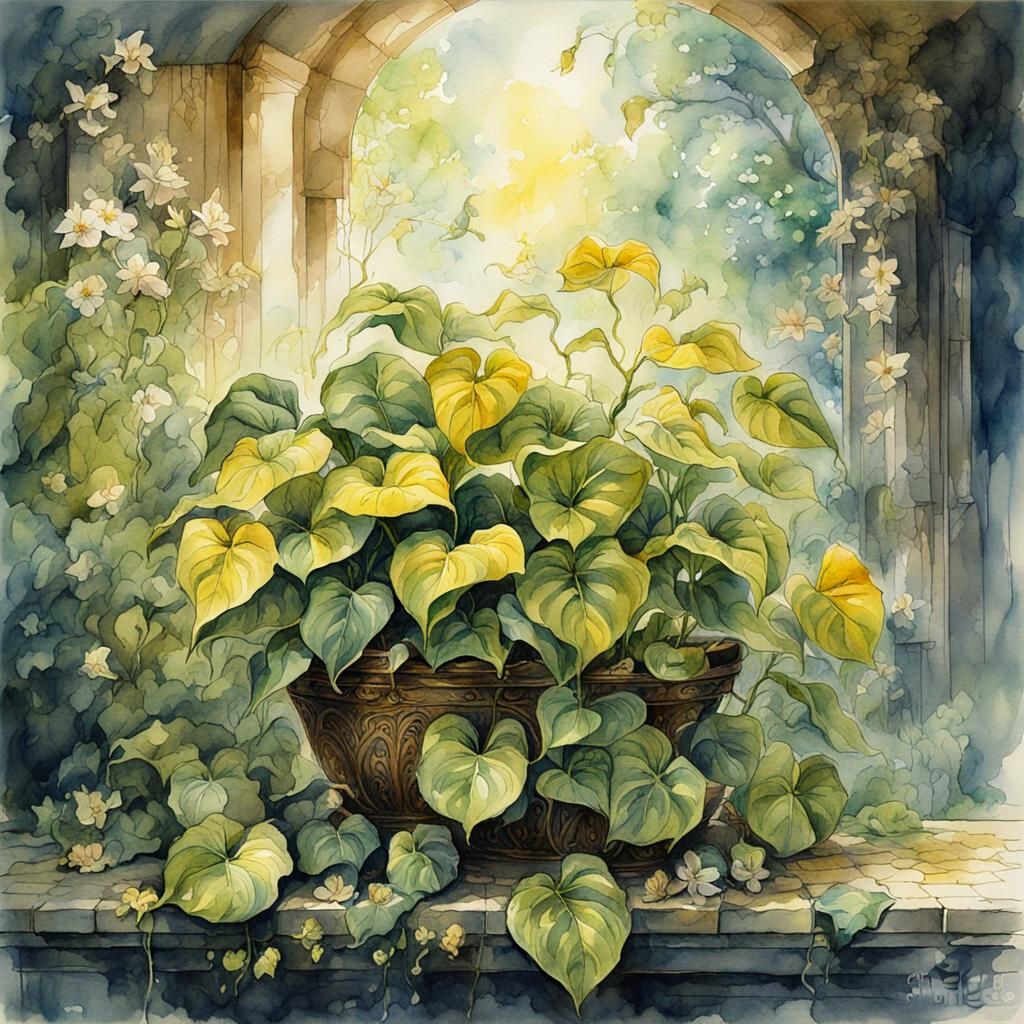 Golden Pothos Floral Watercolor: Elegant, Detailed, Dynamic