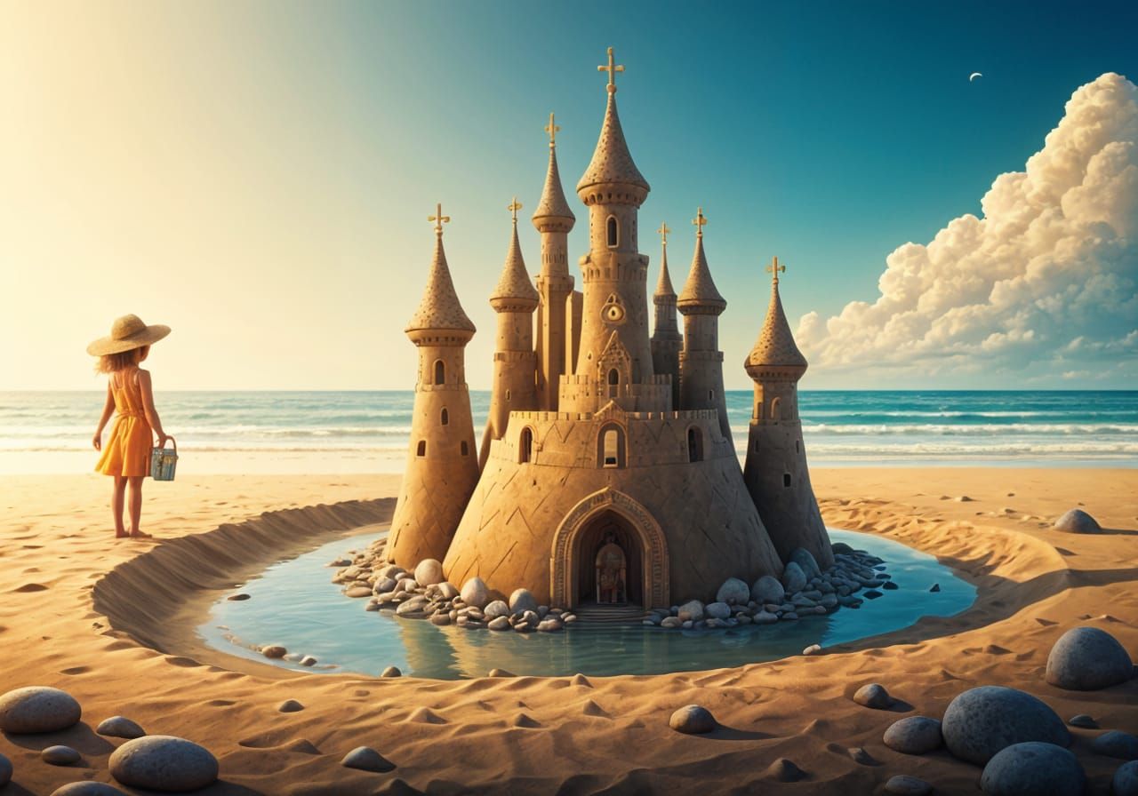 a sand castle on the beach with five towers topped in gold m...