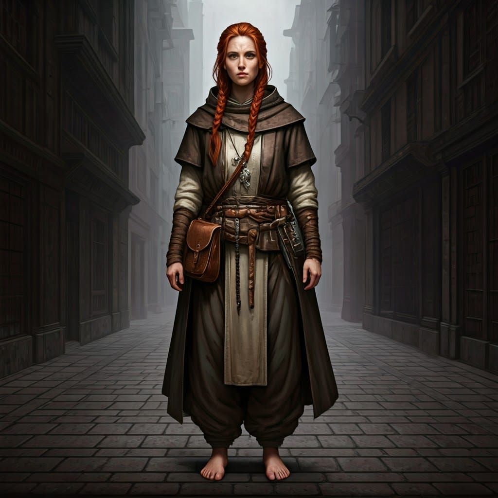 Determined Youthful Monk in Urban Landscape