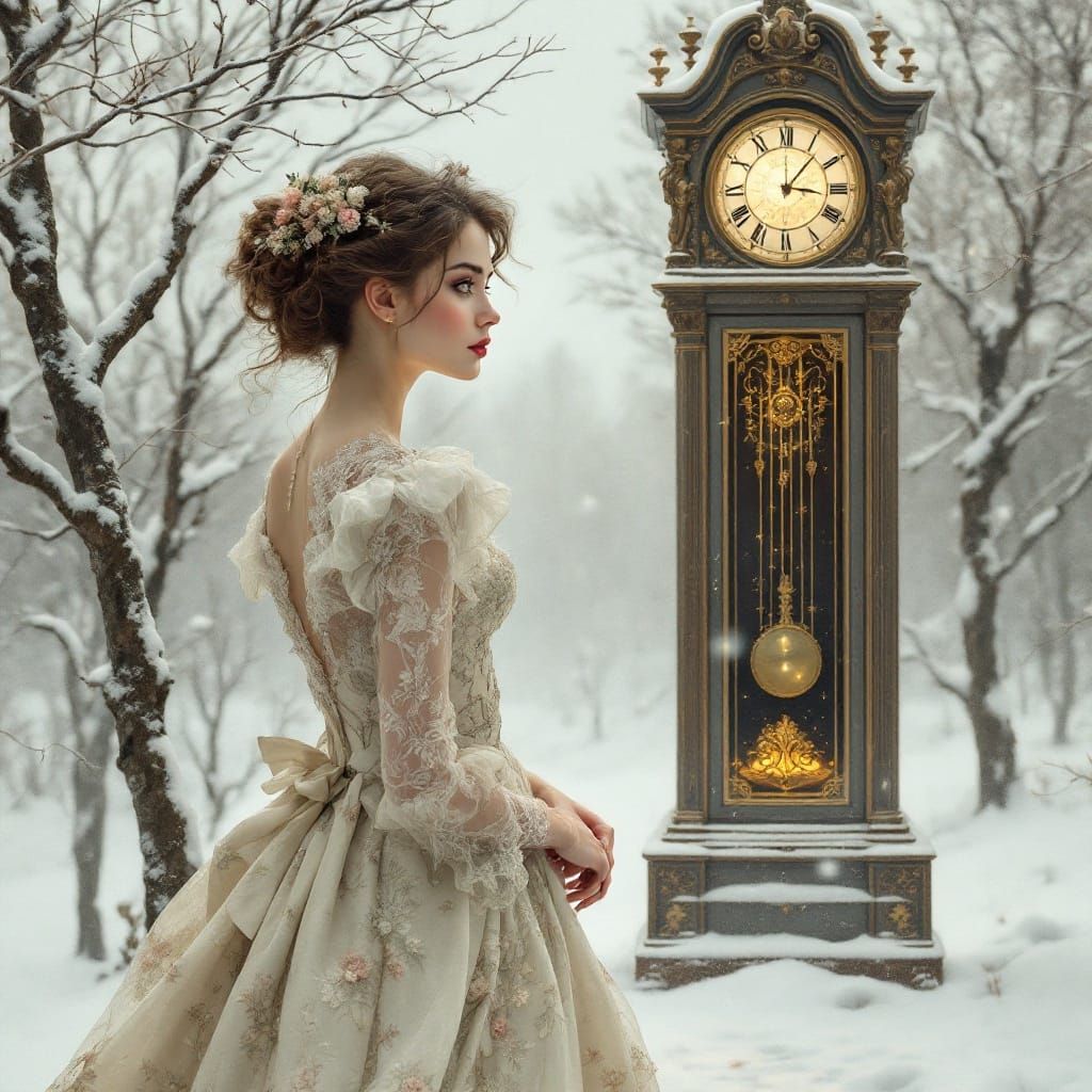 Woman in Spring Dress with Grandfather Clock