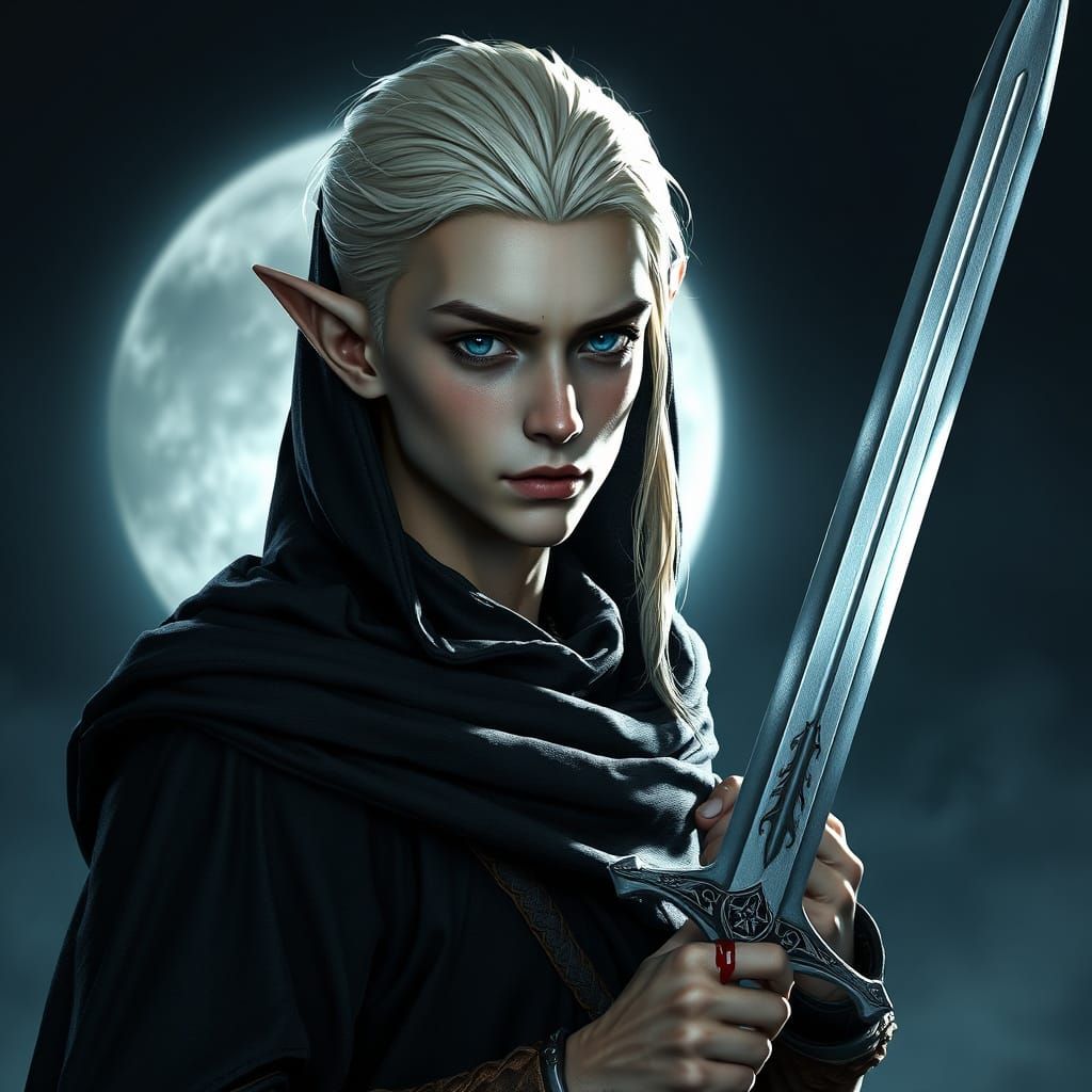 Moonlit Elf Warrior Portrait with Bloody Swords