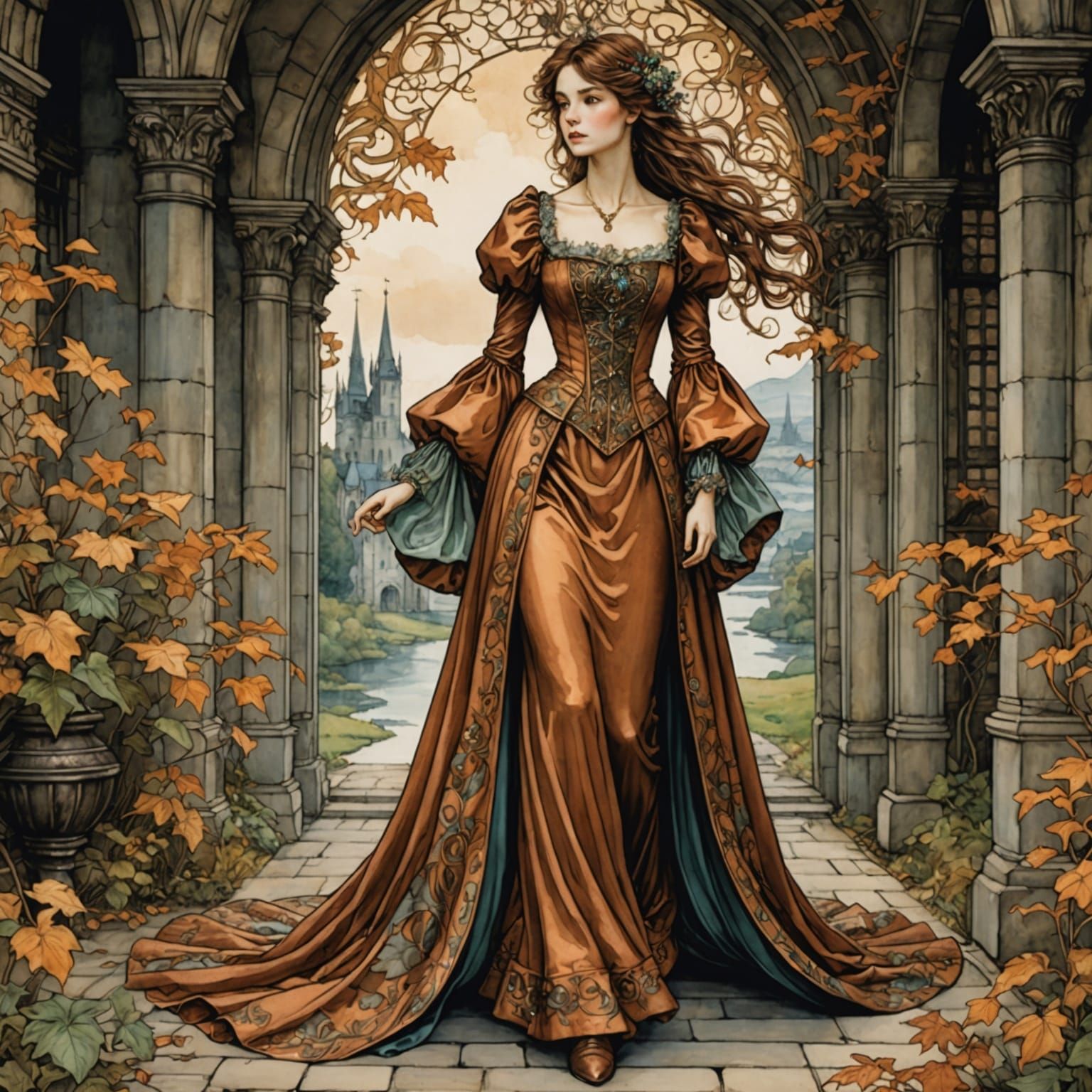 Fairytale Woman in Copper Gown, Arthur Rackham Style