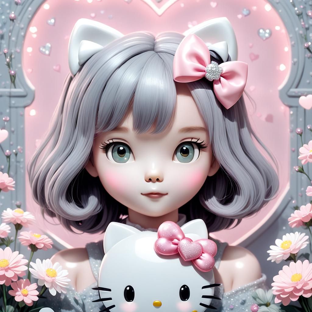 Hello Kitty Portrait with Pink Bow in Sanrio Style