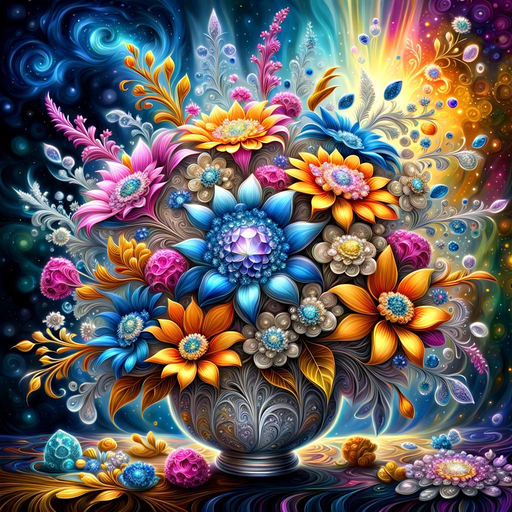 Sparkly Fractal Flower Bouquet in Digital Oil Painting