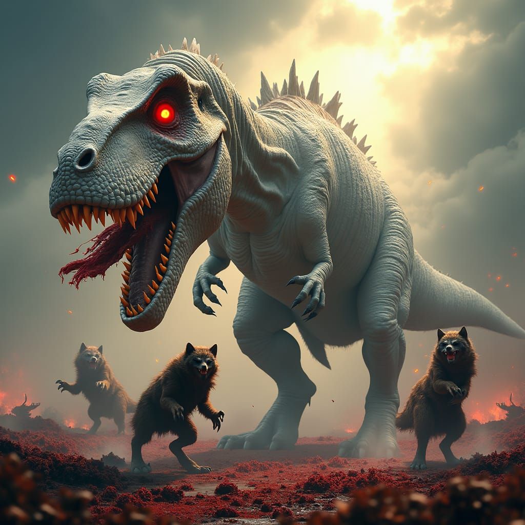 Tyrannosaurus Rex Bites Werewolf in Fantasy Battlefield