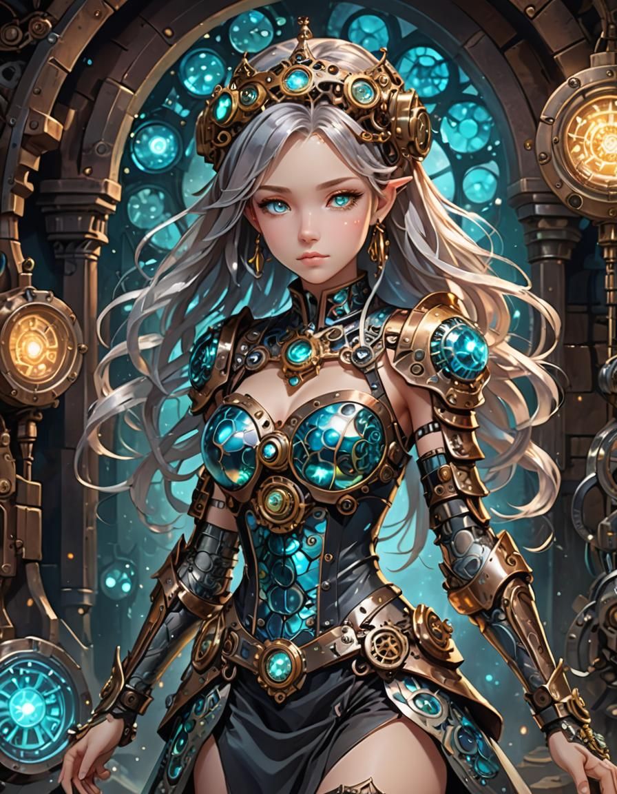 Steampunk Anime Princess in Mechanical Cave