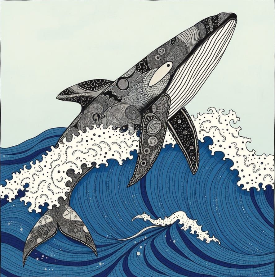 Killer Whale on Tidal Wave in Maximalist Folk-Art Style