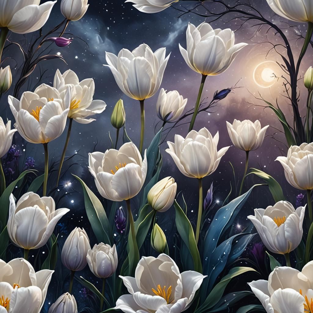 Mystical White Tulip in Moonlit Garden: Art Nouveau Style