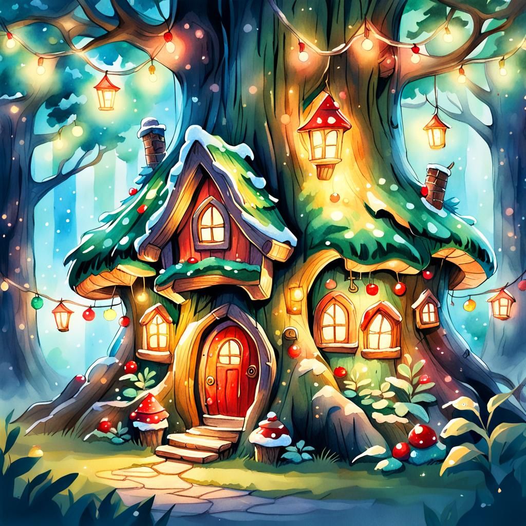 Whimsical Watercolor Fairy Tale Christmas Tree House