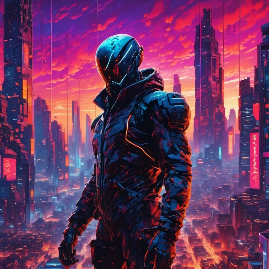 Cyborg in Dystopian Cityscape with Cyberpunk Elements