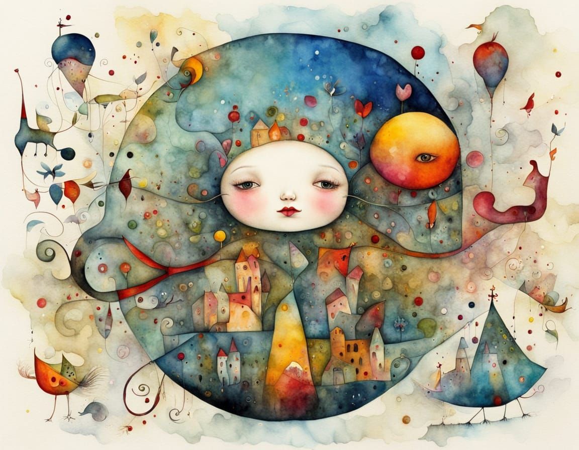 Whimsical Surrealist Masterpiece in Watercolor and Ink