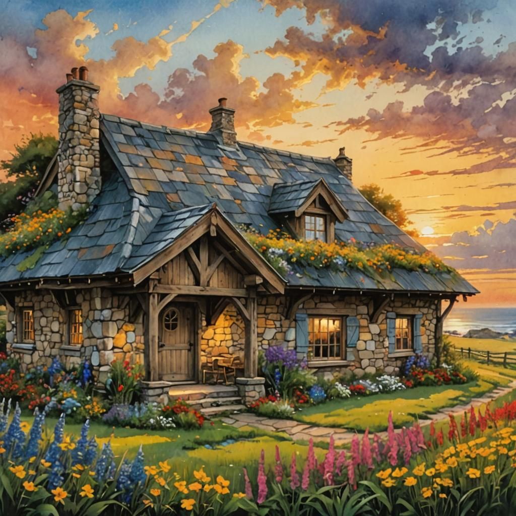 Hyperrealistic Cottage by the North Sea at Sunset