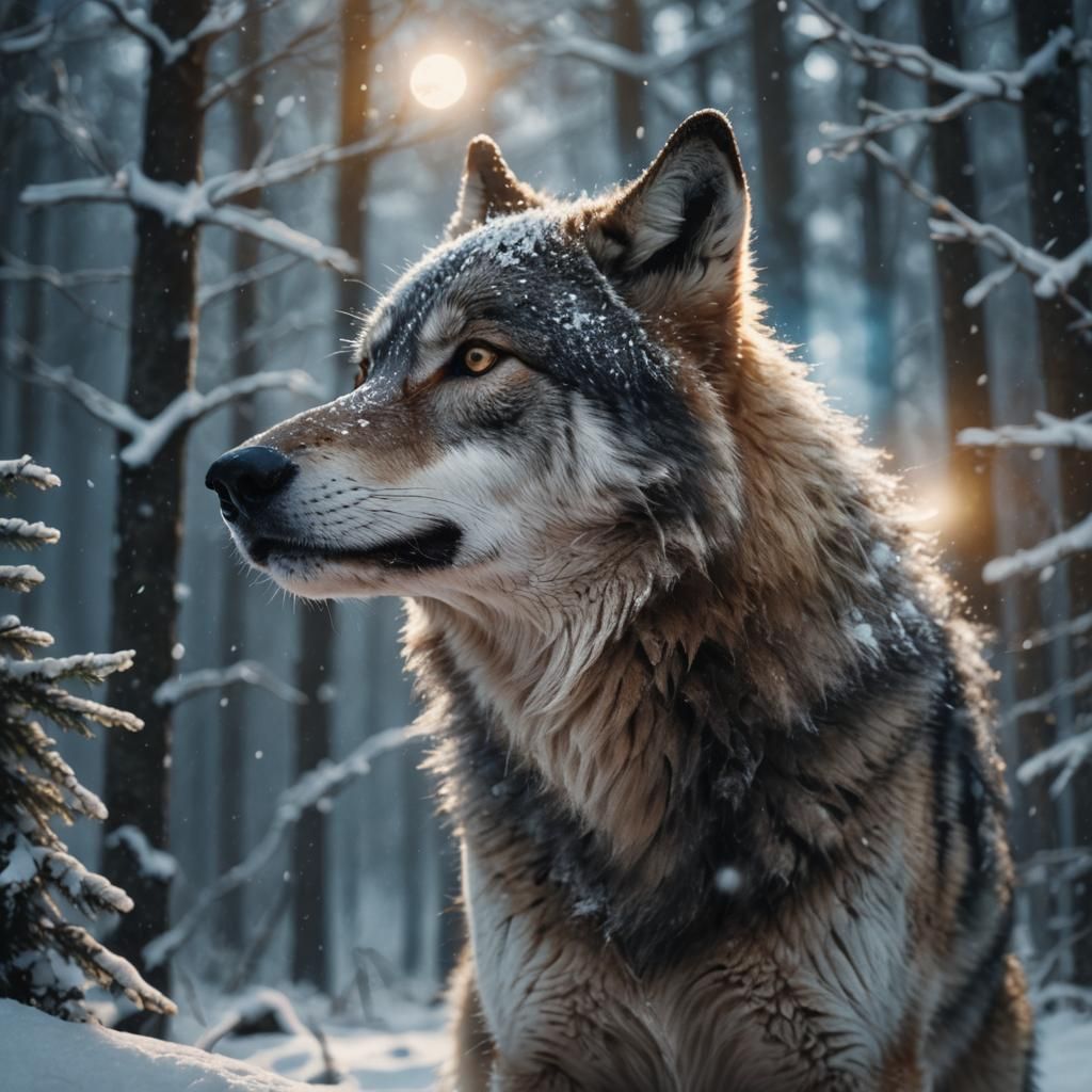 Wolf in Snowy Forest Under Moonlight