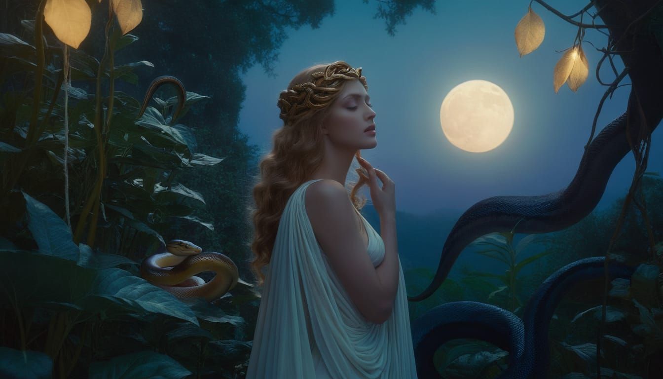 Aphrodite Comforts Medusa: A Moonlit Garden Scene
