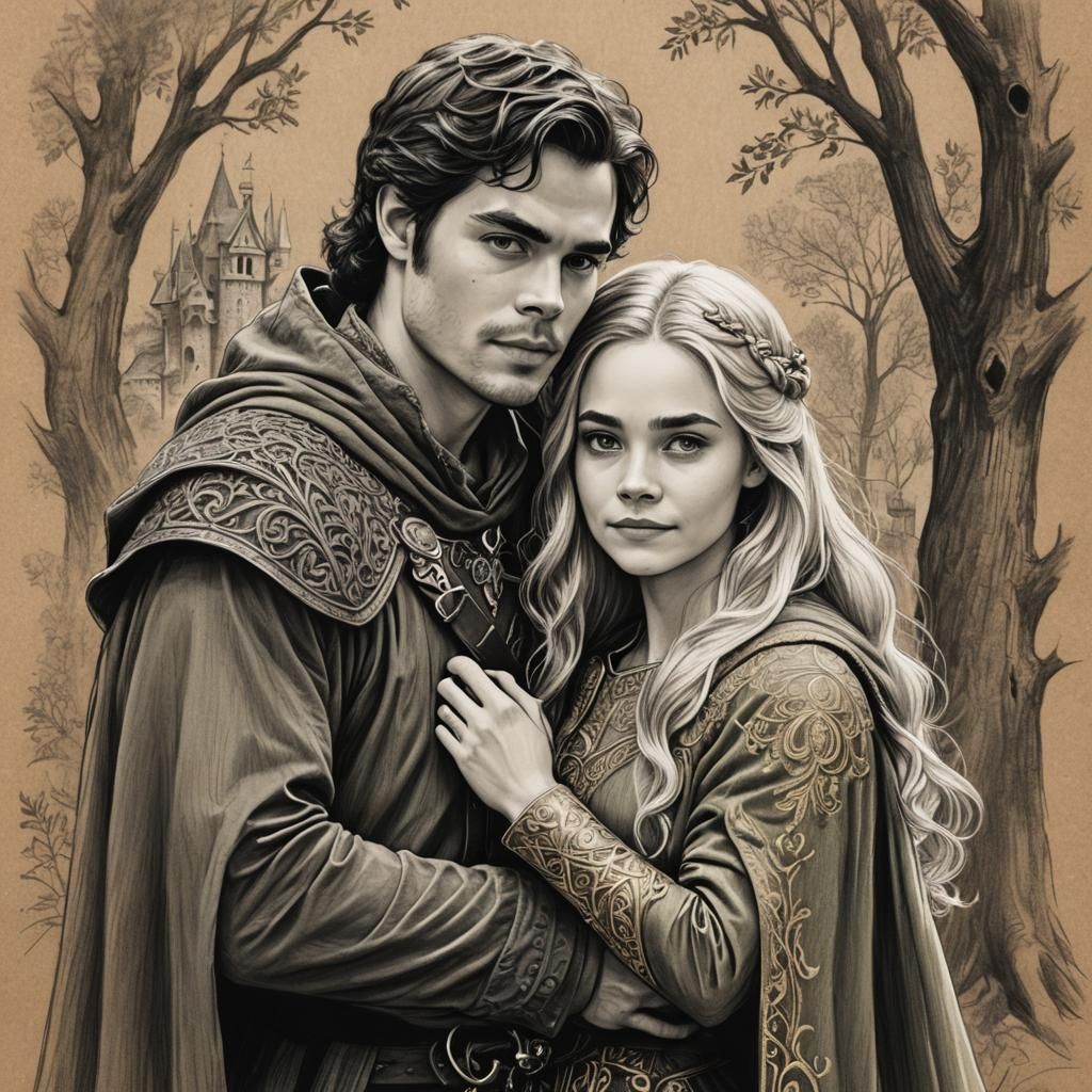 Prince and Rapunzel: Detailed Pencil Illustration