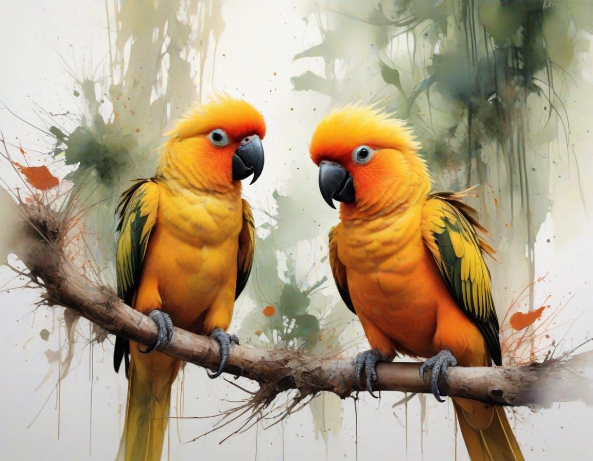 Vibrant Sun Conure Chick in Expressive Watercolour