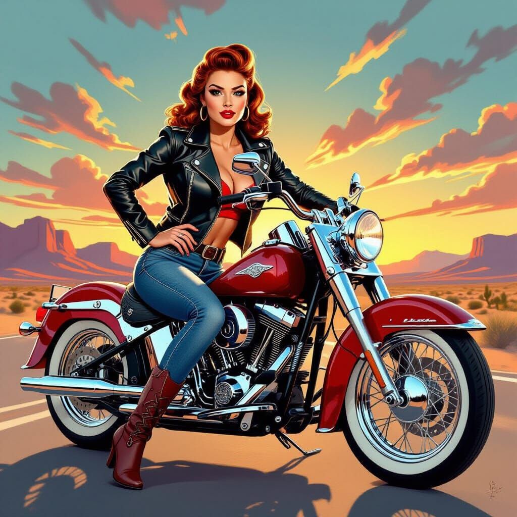 Retro Pinup Girl Poses on Vintage Motorcycle at Sunset