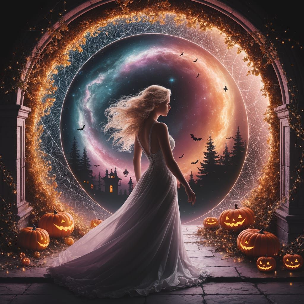 Mysterious Woman Gazes into Cosmic Halloween Portal