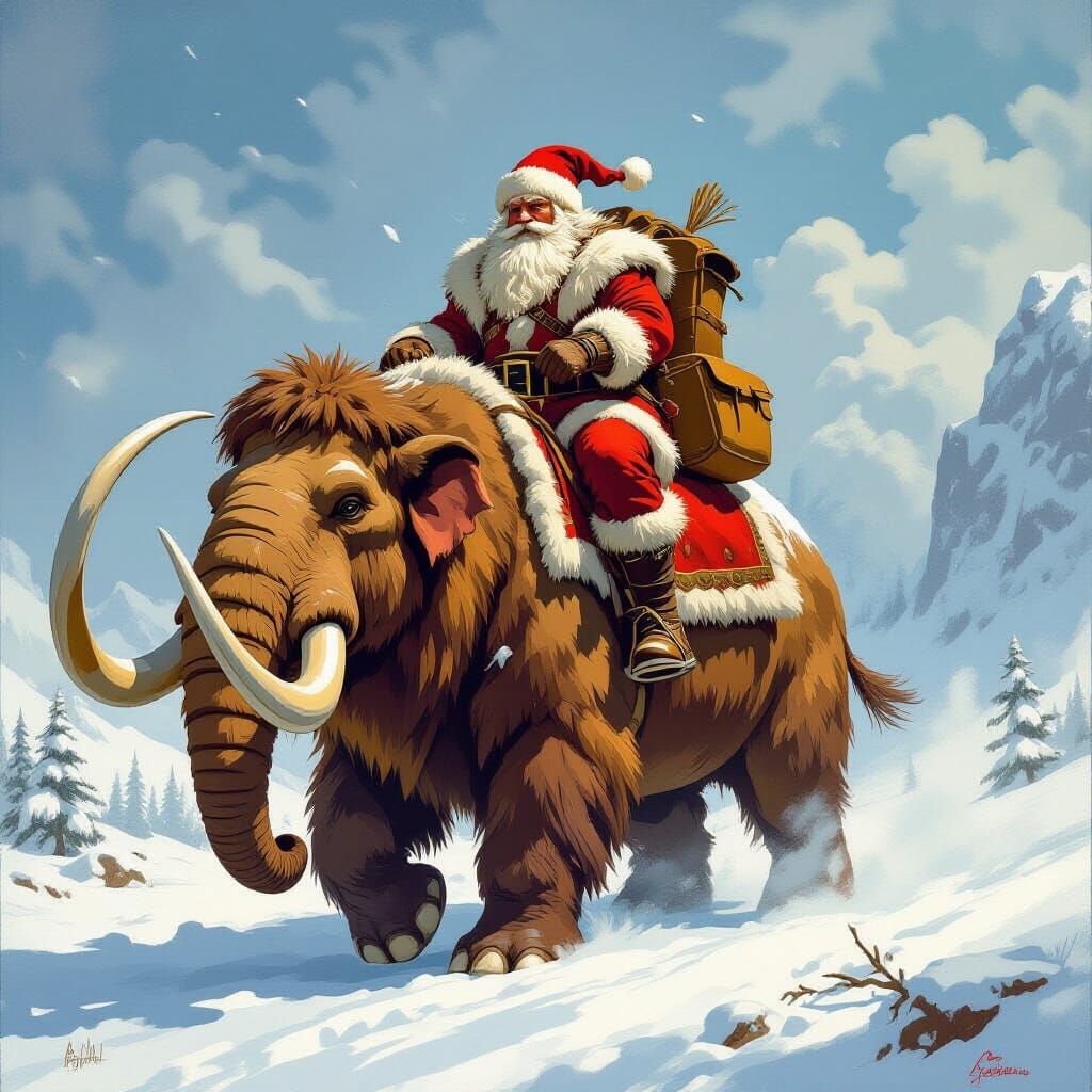 Stone Age Santa Claus Riding a Mammoth