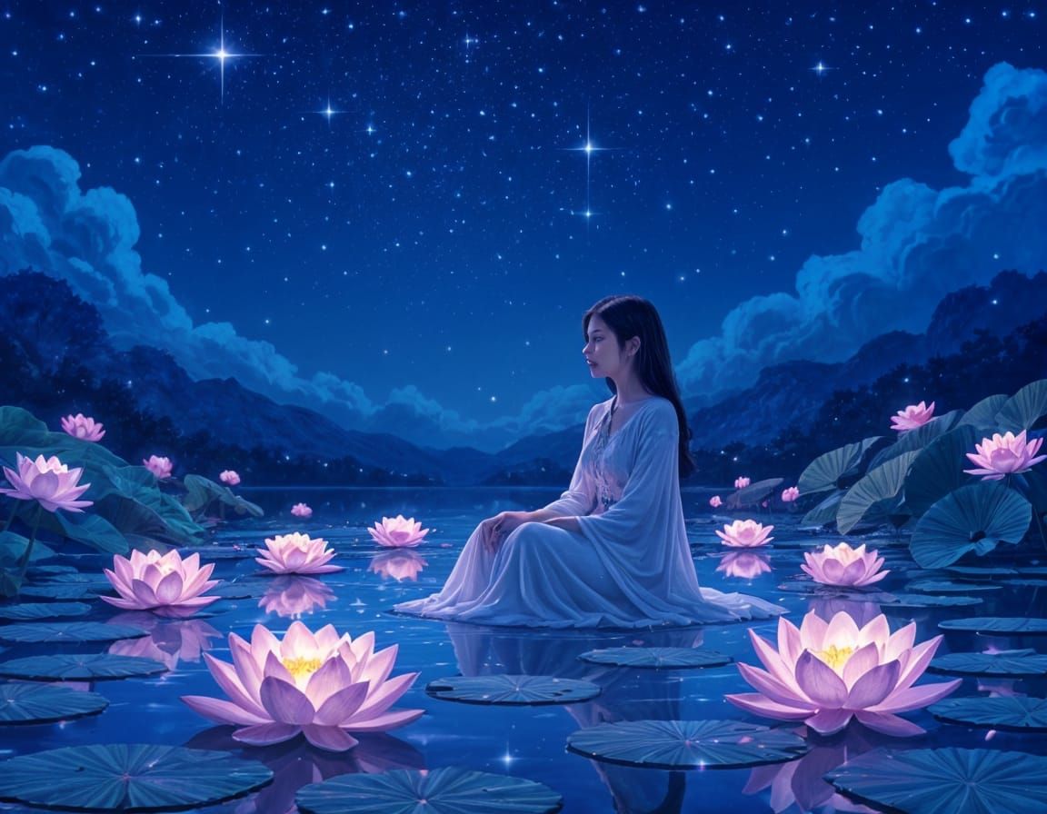 Magical Purple Flowers and Stars on Dark Background