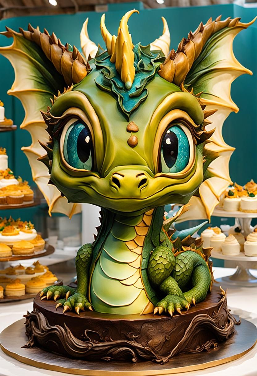 Colorful Baby Dragon Cake Sculpture in Bakery