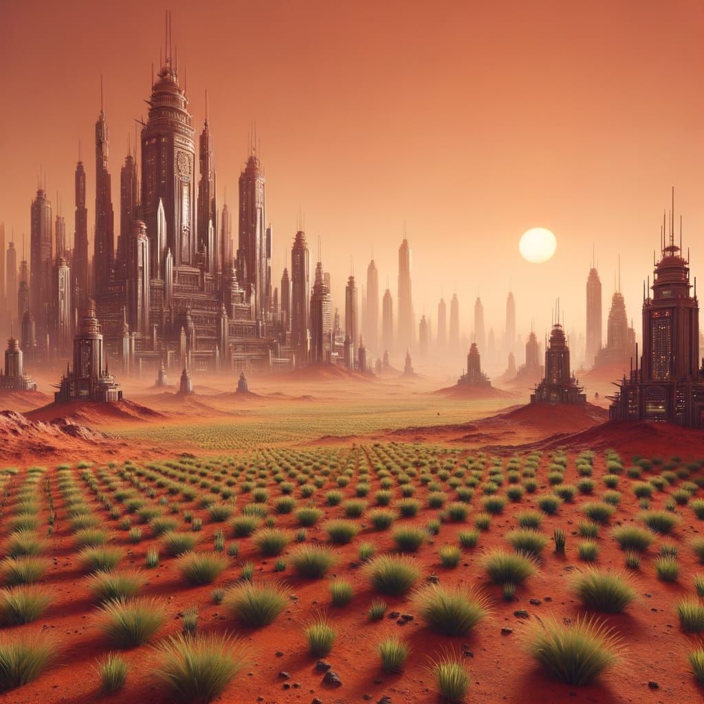 Futuristic Buddhist Mars Landscape with Skyscrapers and Fiel...