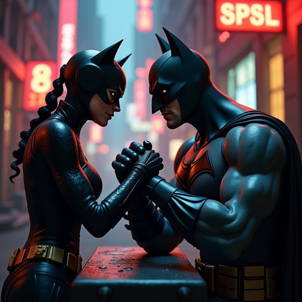 Catwoman vs Batman Armwrestling in Gotham, Anime Style