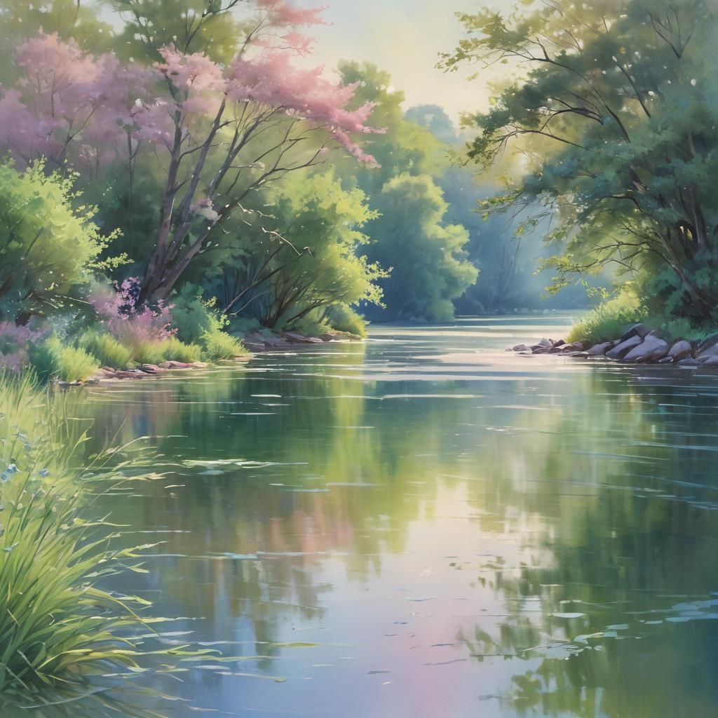 Impressionist Landscape with Winding River in Pastel