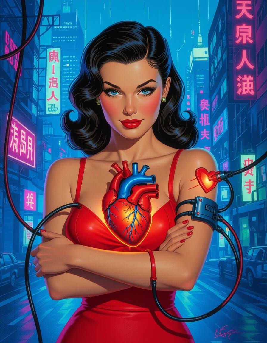 1950s Pinup with Cyberpunk Heart in Neon City