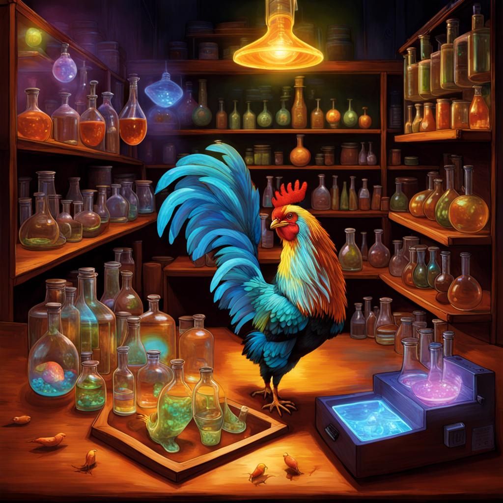 Holographic Chicken in Science Lab: AI Art