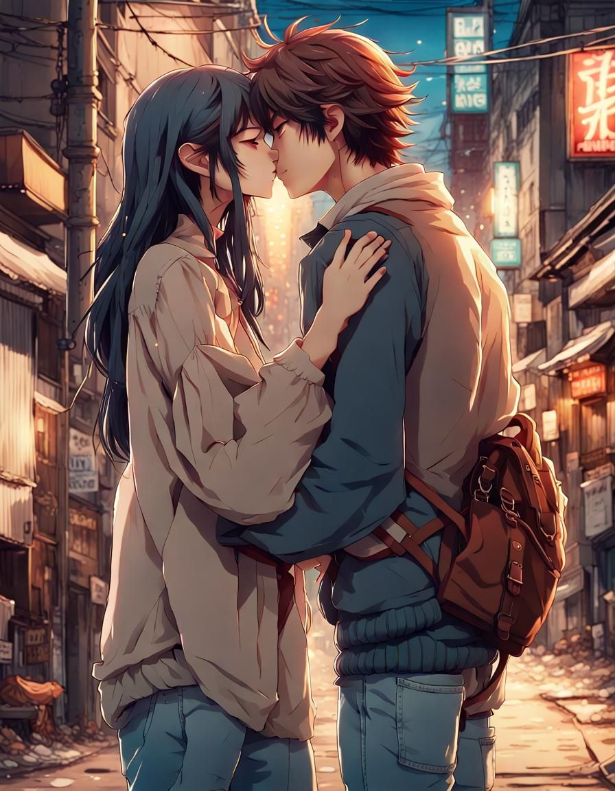 Romantic Anime Couple Kissing in City Street