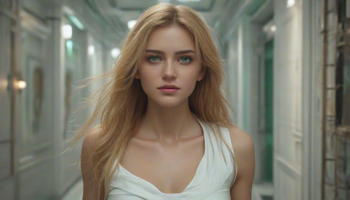 Frightened Woman Fleeing a Futuristic Laboratory