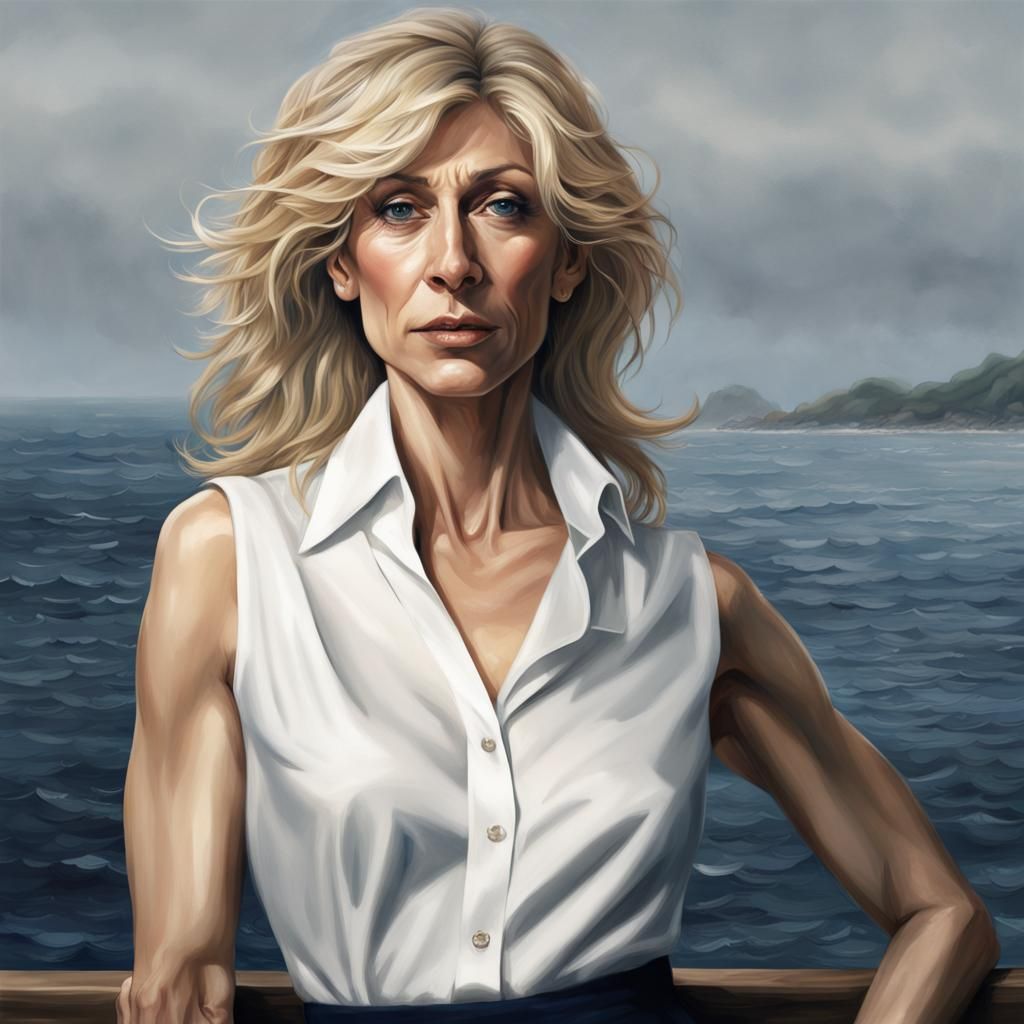 Hyperrealistic Portrait of Woman in Darkness with Sea Backdr...