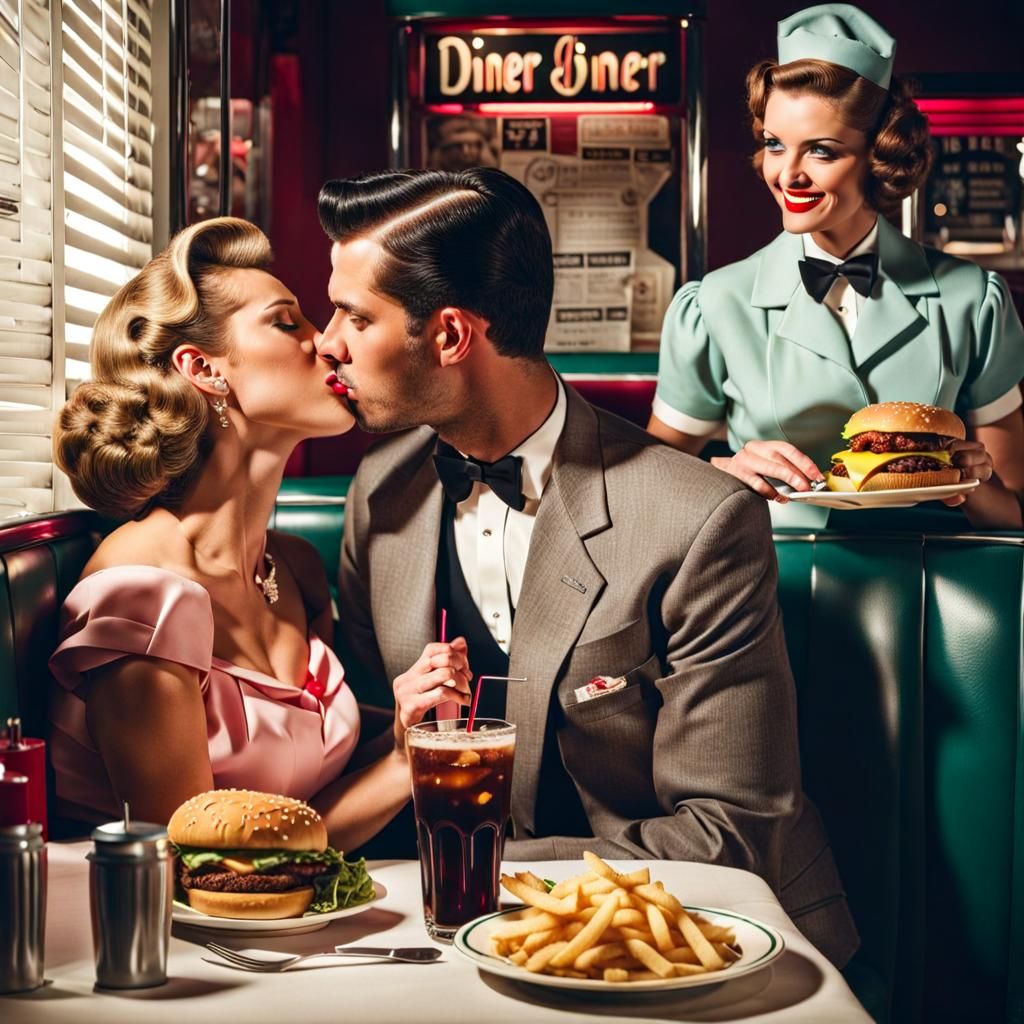 Romantic Moment in a 1950s American Diner