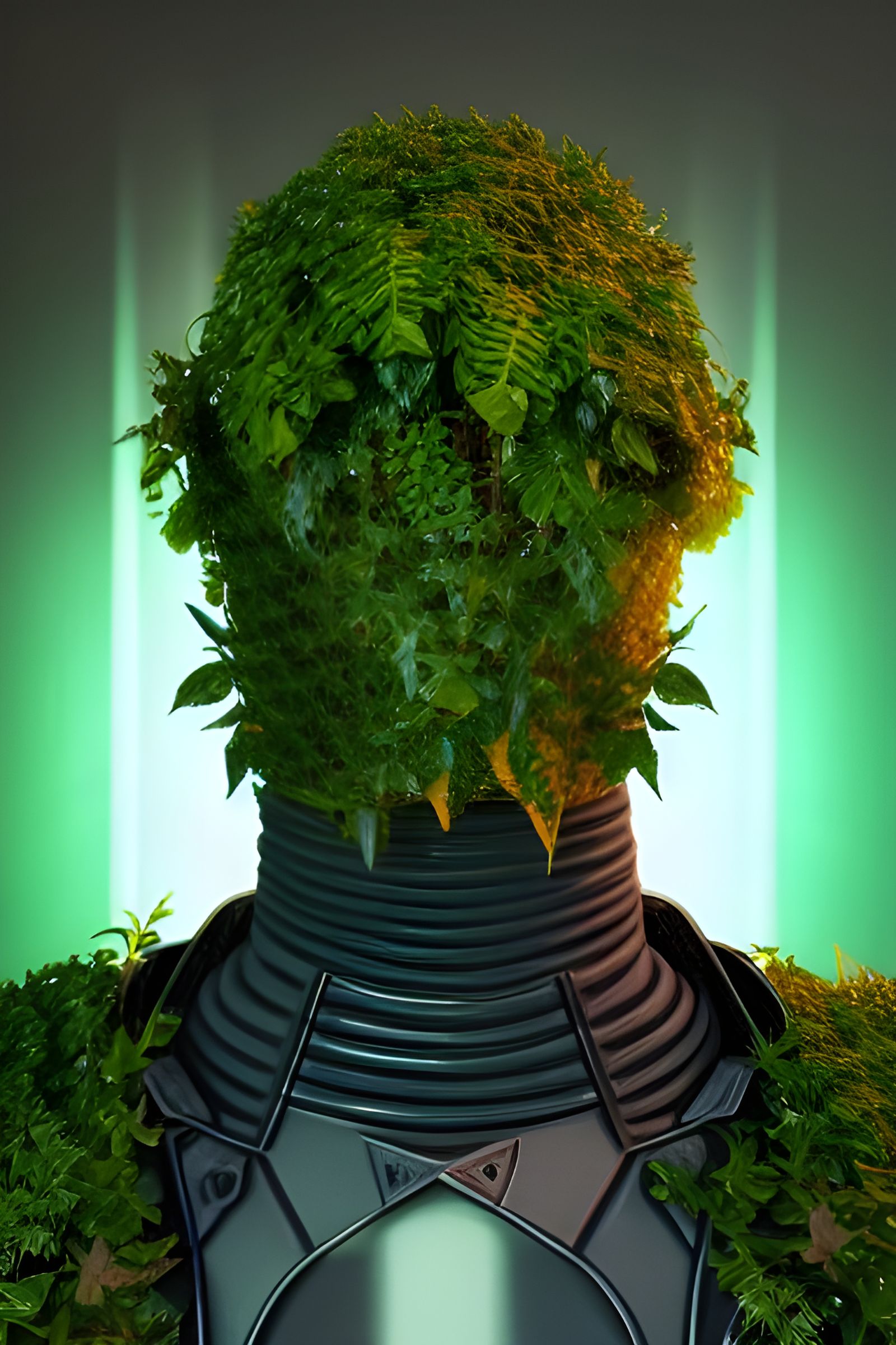 Armored Cyberpunk Warrior with Plant Life Portrait