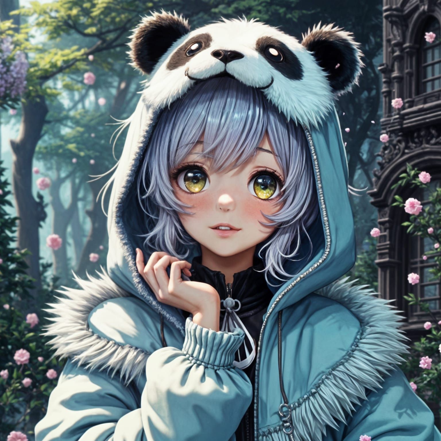 Anime Girl Wearing Panda Hoodie in Dreamy Studio Ghibli Styl...