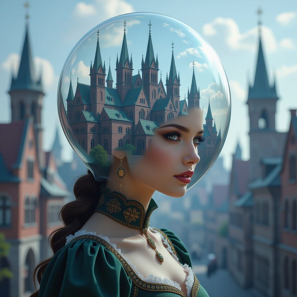 Medieval City Inside Woman's Head: Surreal Art