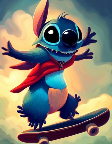 Realistic-Cute-Stitch from lilo and stitch character (Concept-Caracter) skateboarding | Surrealism, Illustration-Storybo...