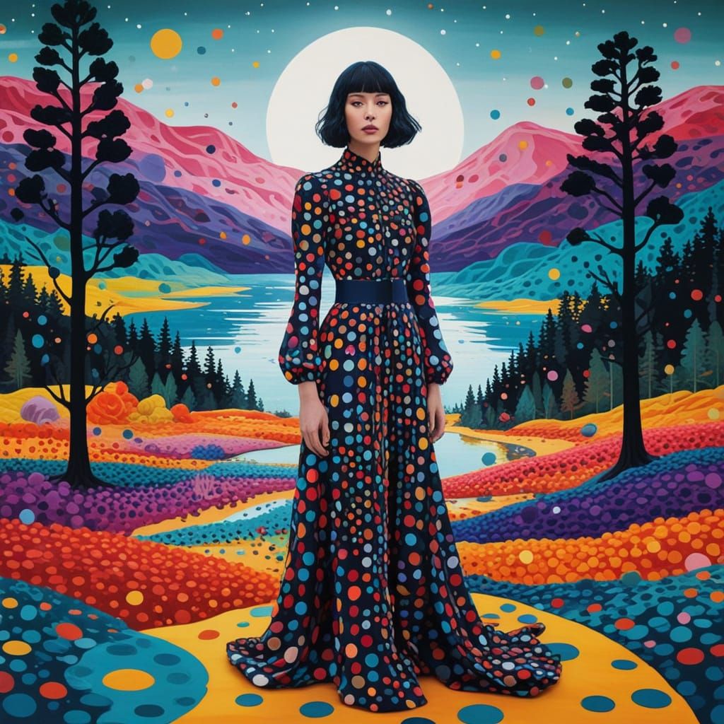 Polka Dot Woman in Surreal Cosmic Landscape