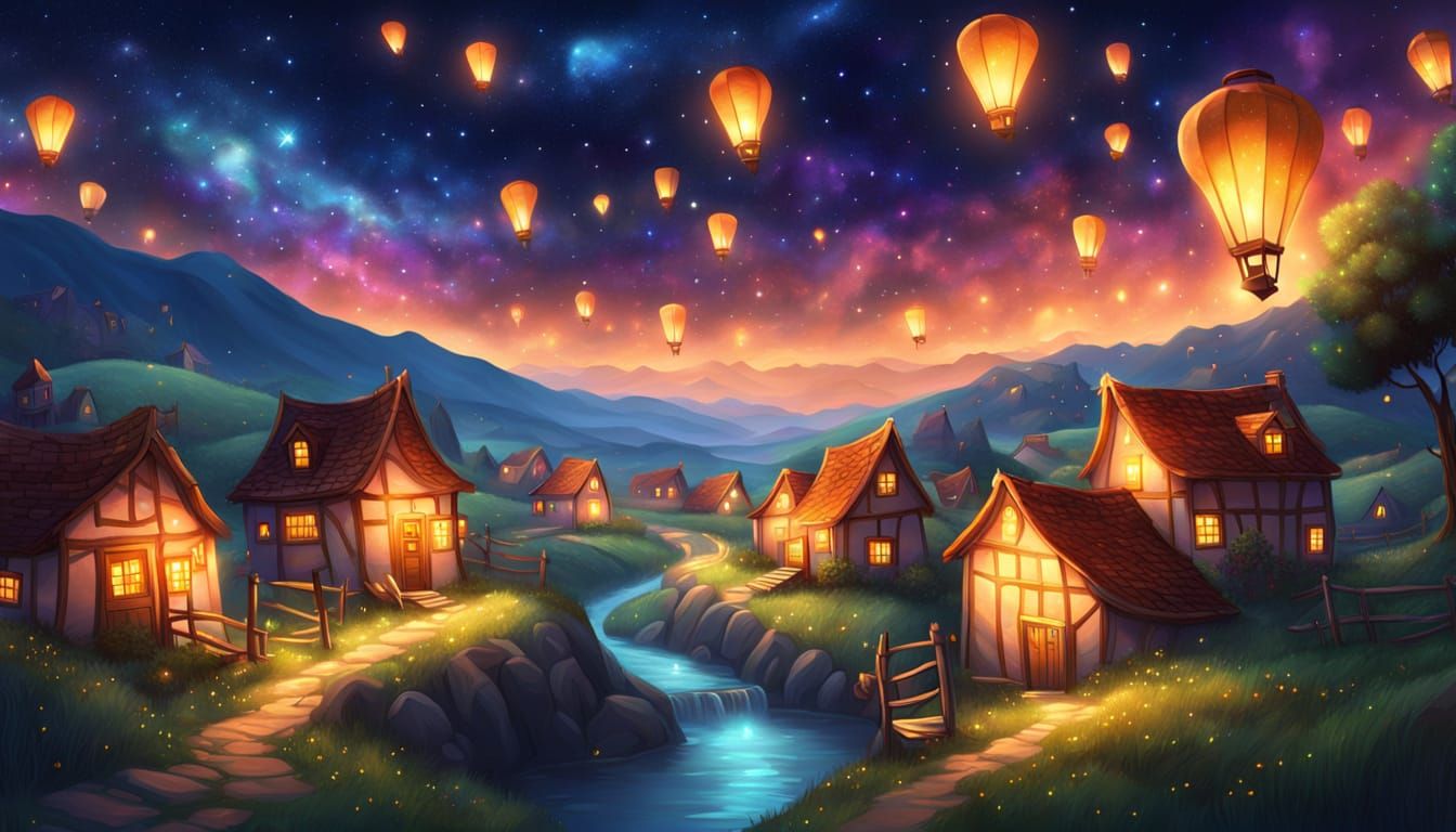 Dreamy Village Under Stars as Oil Painting
