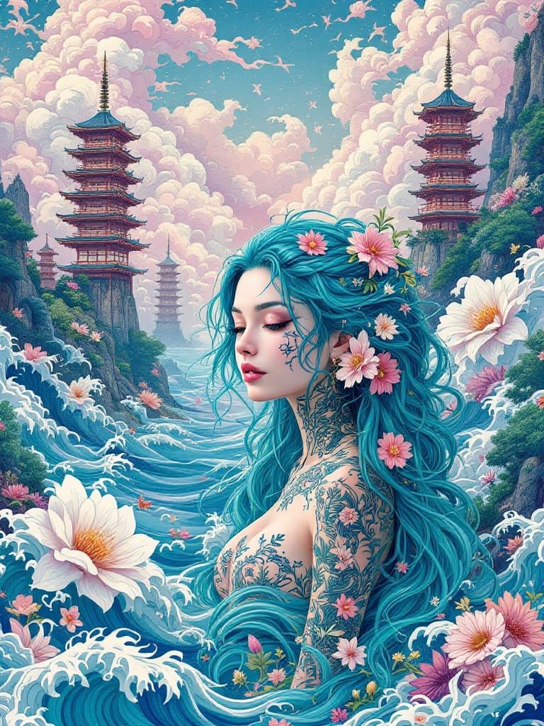 Surreal Goddess of the Ocean, Adorned with Vibrant Tattoos a...