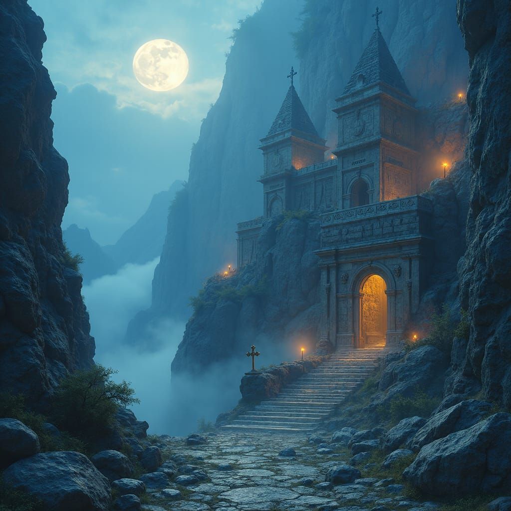 Mystical Mountain City in Ethereal Moonlight