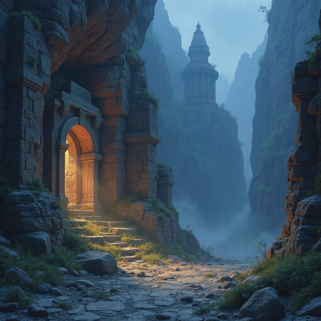 Mystical Lost City Carved into Mountain Side at Twilight