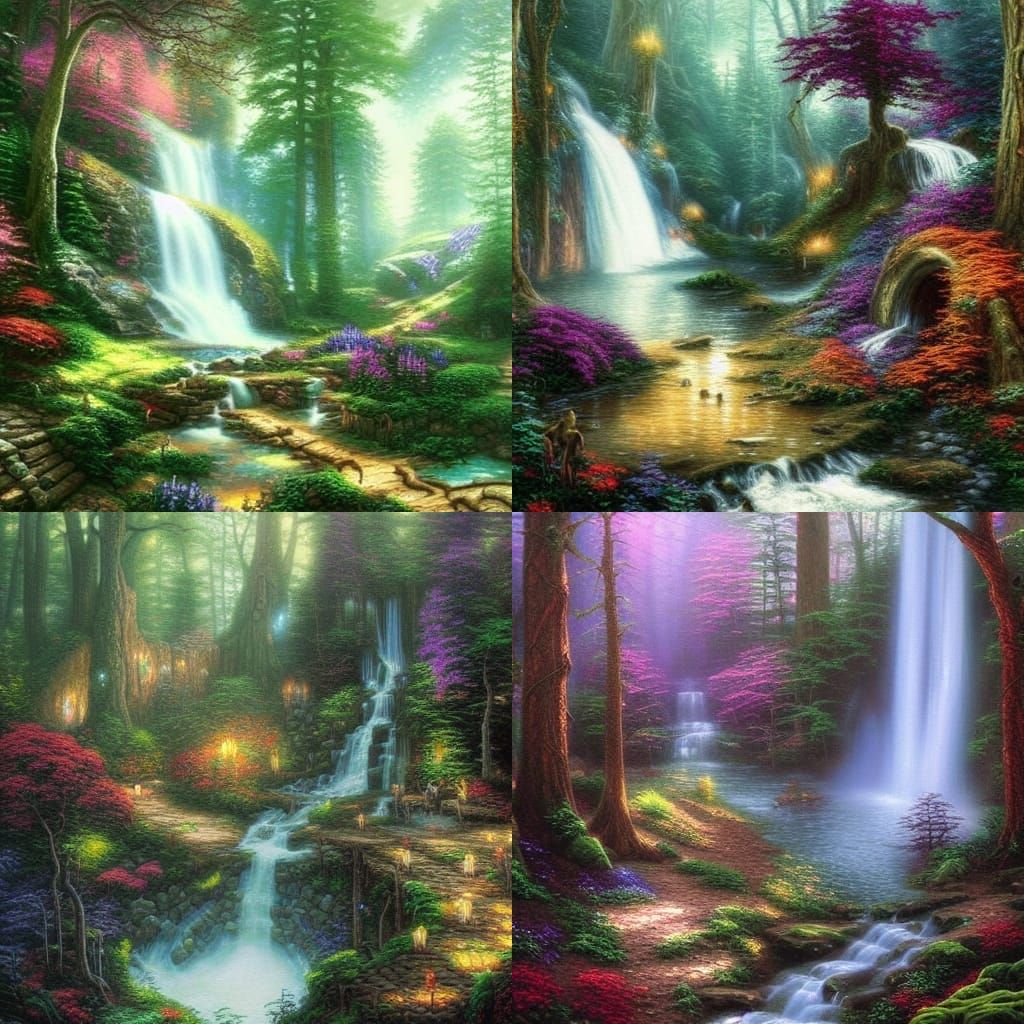 Ethereal Elven Forest Waterfall in Kinkade Style