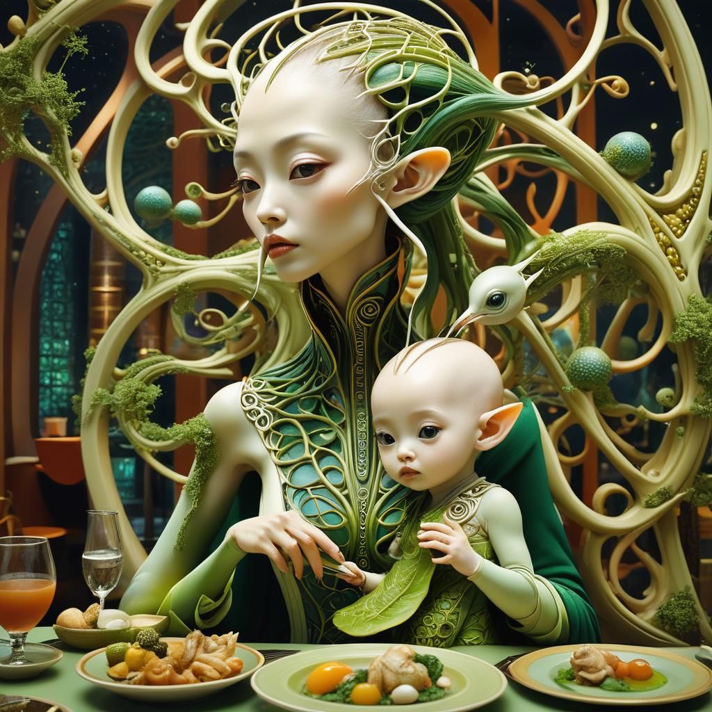 Elven Goddess Dining in a Vibrant Futuristic Restaurant
