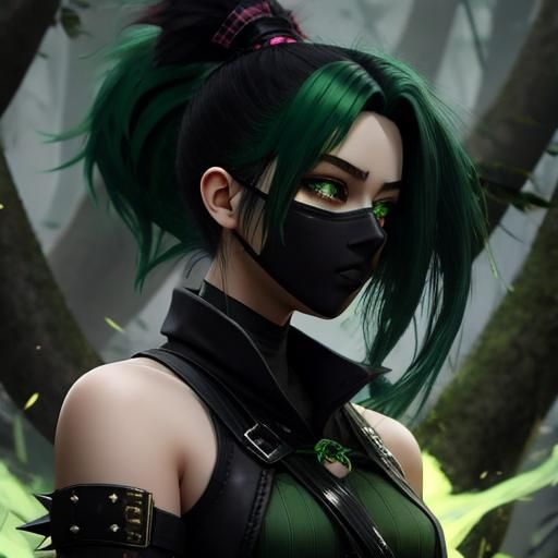 Anime Ninja Girl with Green Hair and Kunai