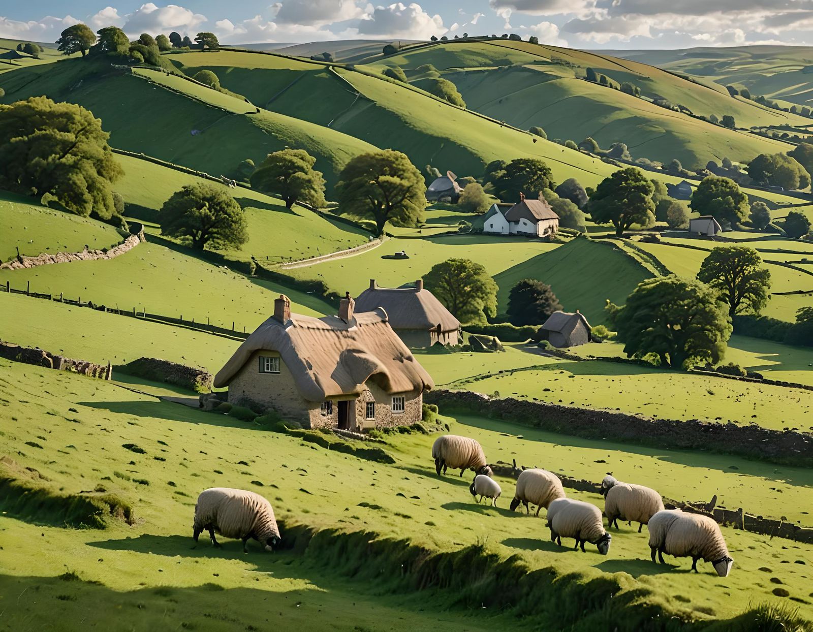 Idyllic Countryside Scene with Sheep and Cottage